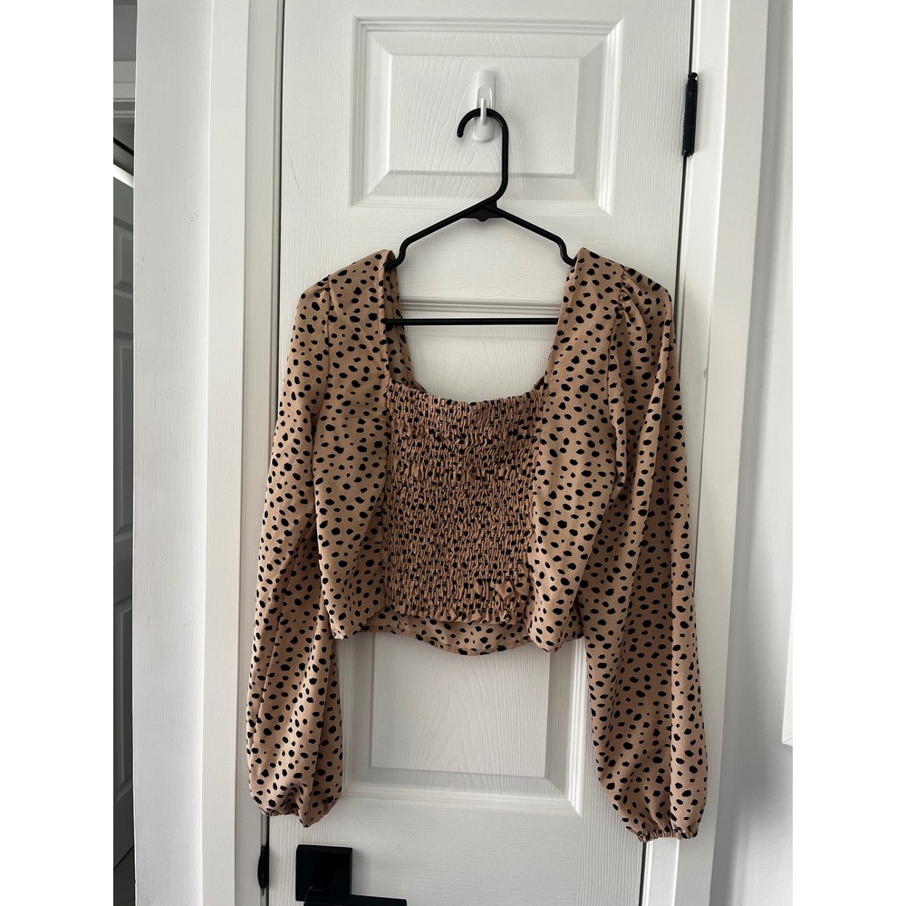 Tan Black Dalmation Spot Print Square Neck Smocked Crop Top Long Sleeve‎ Large - Picture 3 of 6